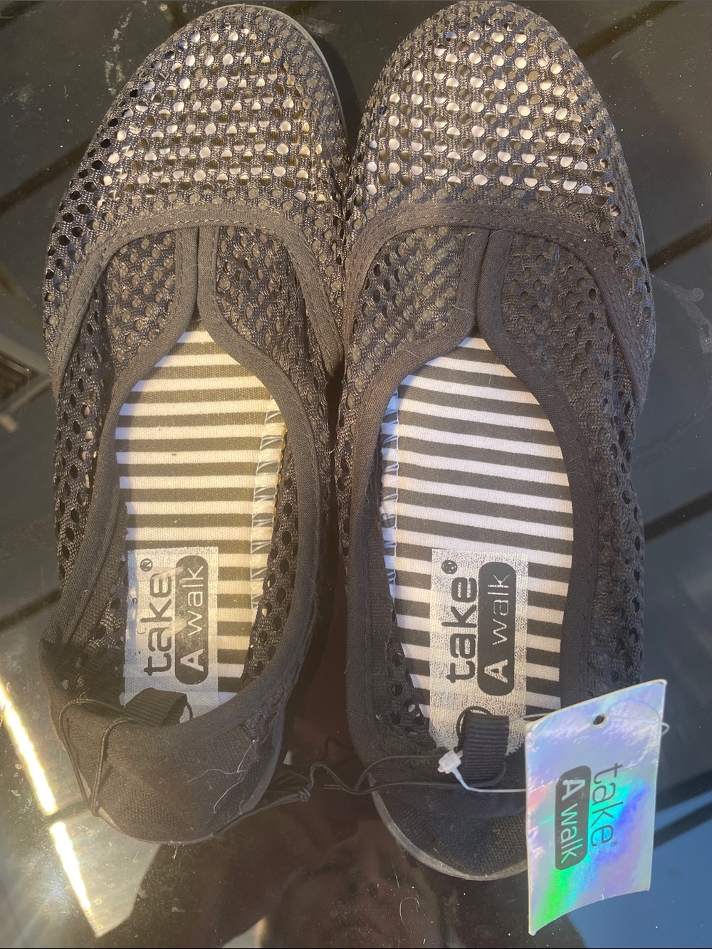 Take a walk, Black Mesh Slip-On Flats with Textured Soles, Sz 9, new